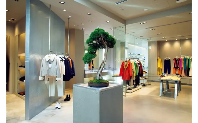 洋服は「ロエフ」「ロク」やオリジナルブランドを中心に、セレクトアイテムも充実。アクセサリーやスニーカーも圧巻の品ぞろえ。立派な松の盆栽がランドマークとなった2階フロア。