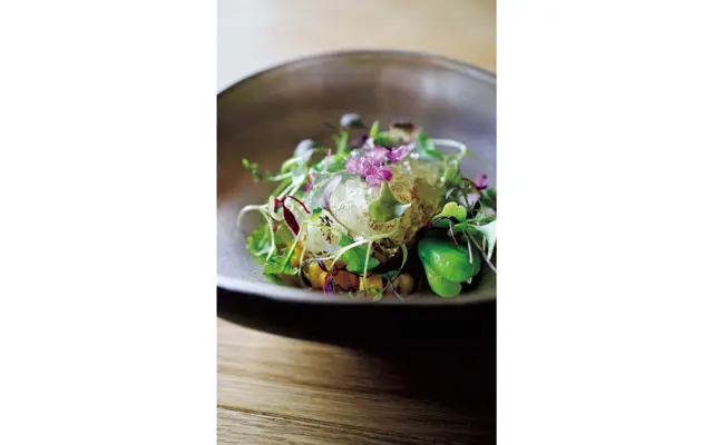 「淡路仮屋の鱧の焼き霜 とうもろこしと新しょうが」は鱧の骨のだしに新しょうがの香りをまとわせ、とうもろこしの甘味とビネガーの酸味で