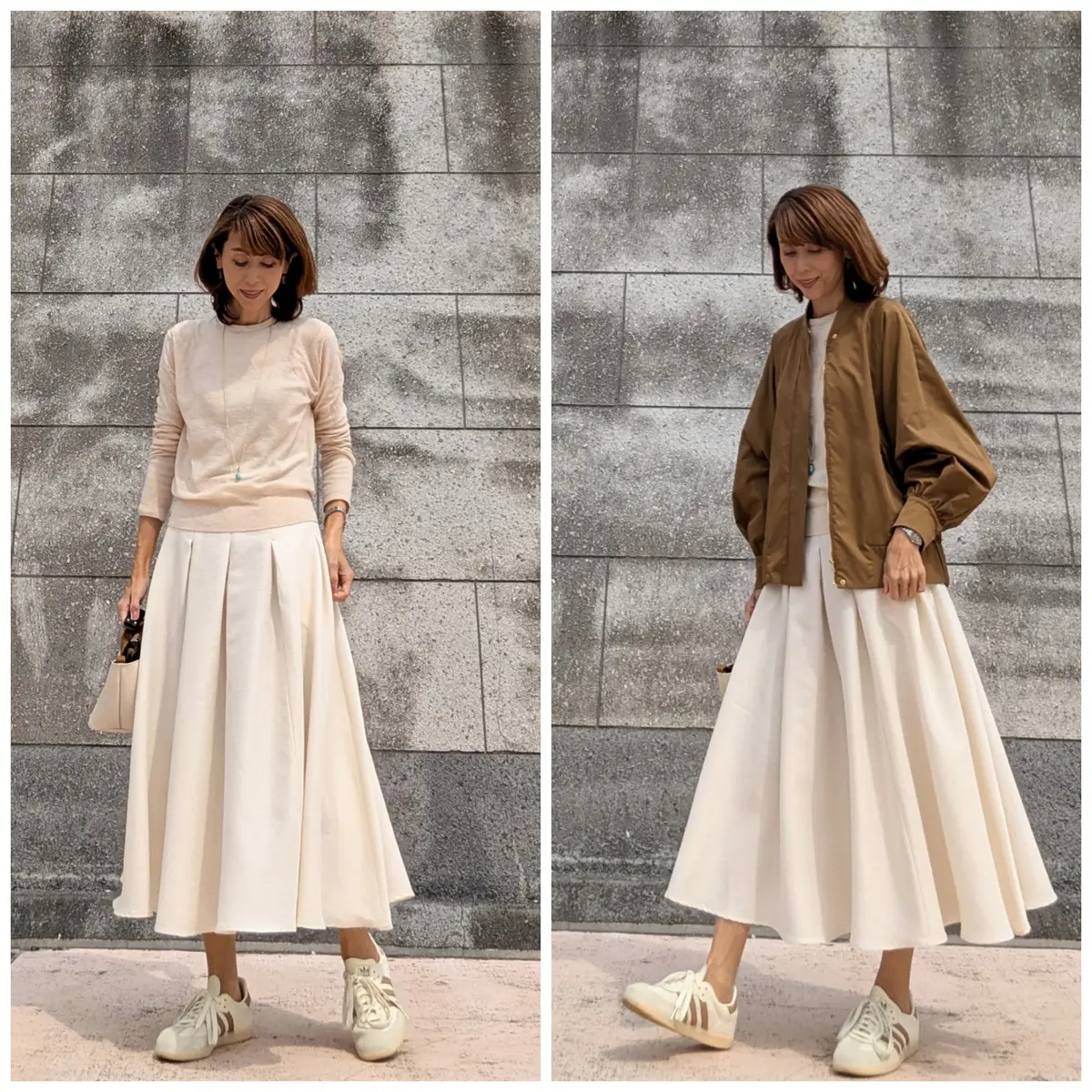 ワントーンコーデ　アイボリー　ベージュ　デニム