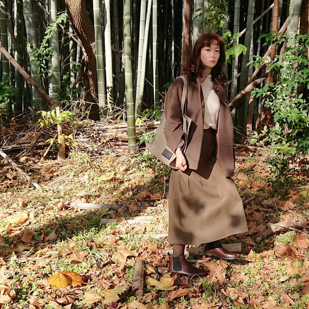 ブラウンアウター  ロングスカート  ブラウンショートブーツ