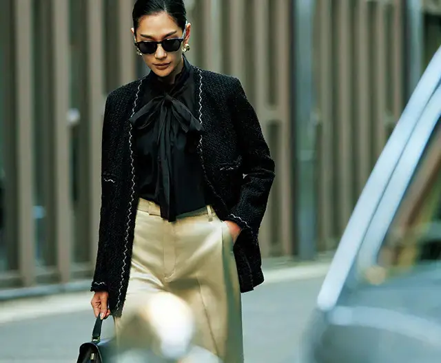 クールにかっこよく着映える洗練ノーカラーツイード