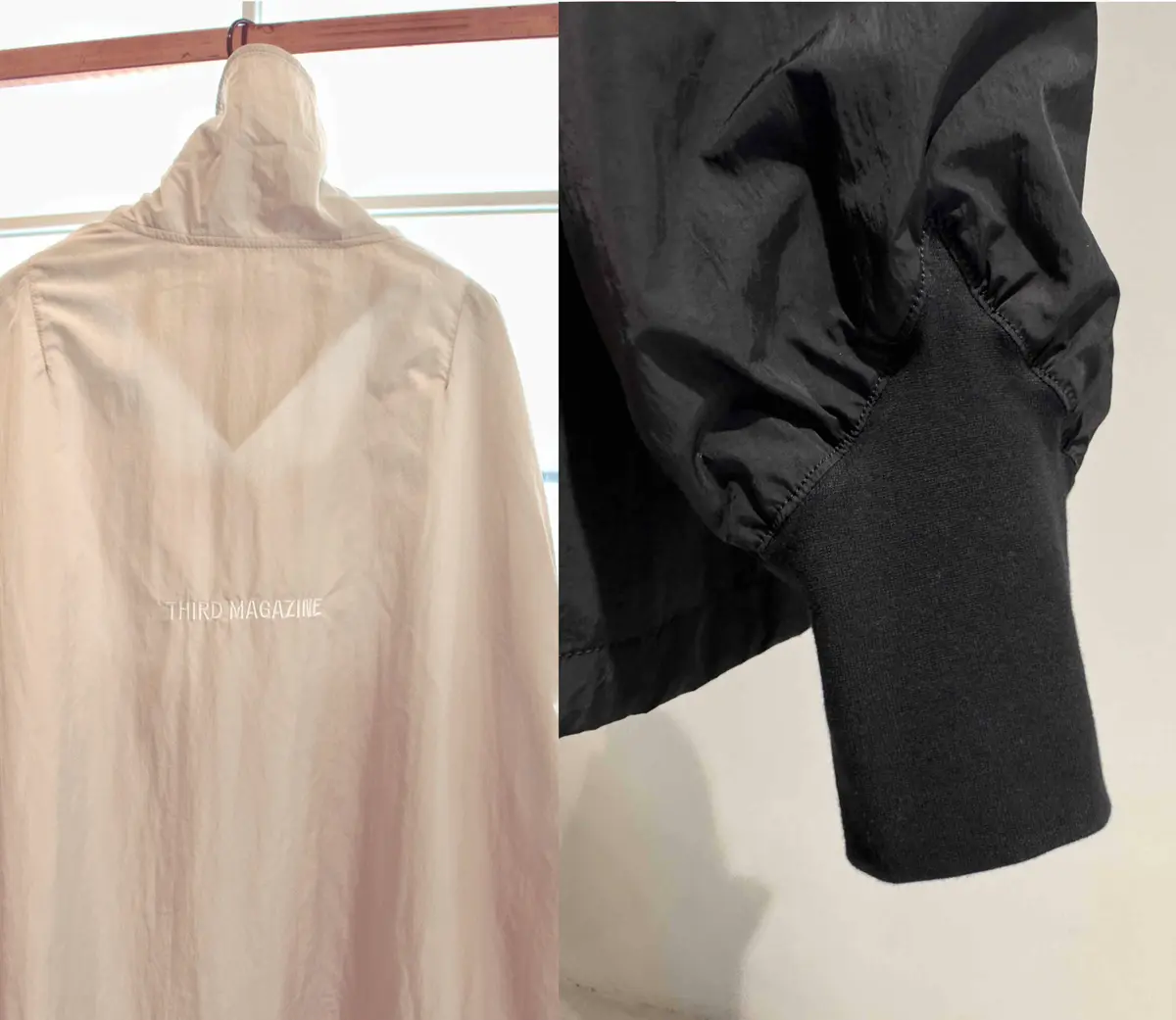 サードマガジン　ショート丈ブルゾンの背面のブランド刺しゅうロゴと袖口のVラインリブ