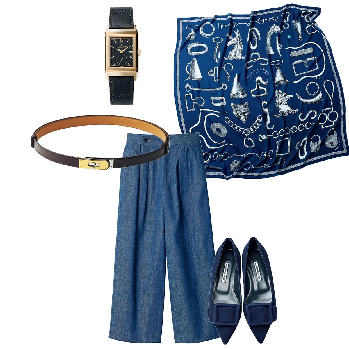 ベースカラーは正統派ネイビー。 品のある名品小物をレイヤードして