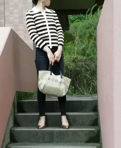 Theoryのマルチボーダーニット＆ZARAスキニー、そして去年のエクラの付録トートバッグと。