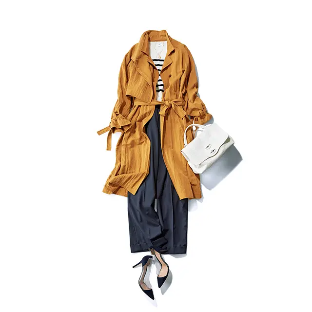 濃色ワイドパンツを軽やかに 見せるコートの柔らかな表情