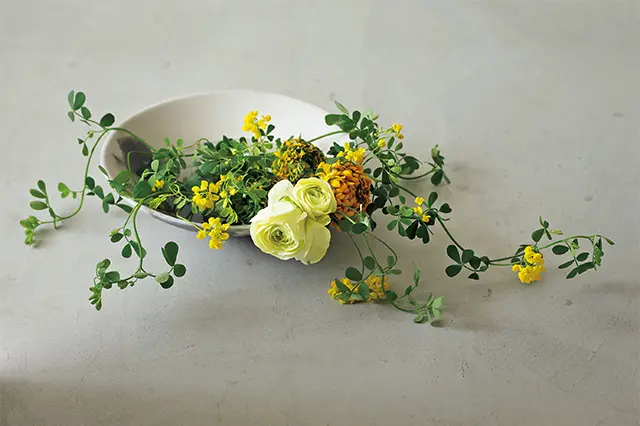 大ぶりの器を水盤に見立て、水辺のような景色を