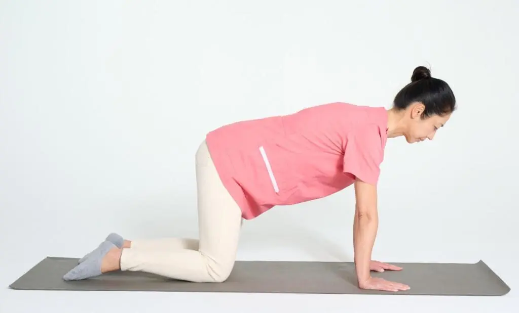 OurAge×Webエクラ　①よつばいになり、両手は肩の真下、両膝は股関節の真下にくるように置き、肩幅程度に開きます。これを基本姿勢として、肩とお尻の位置がずれないように次の②～③を行いましょう。