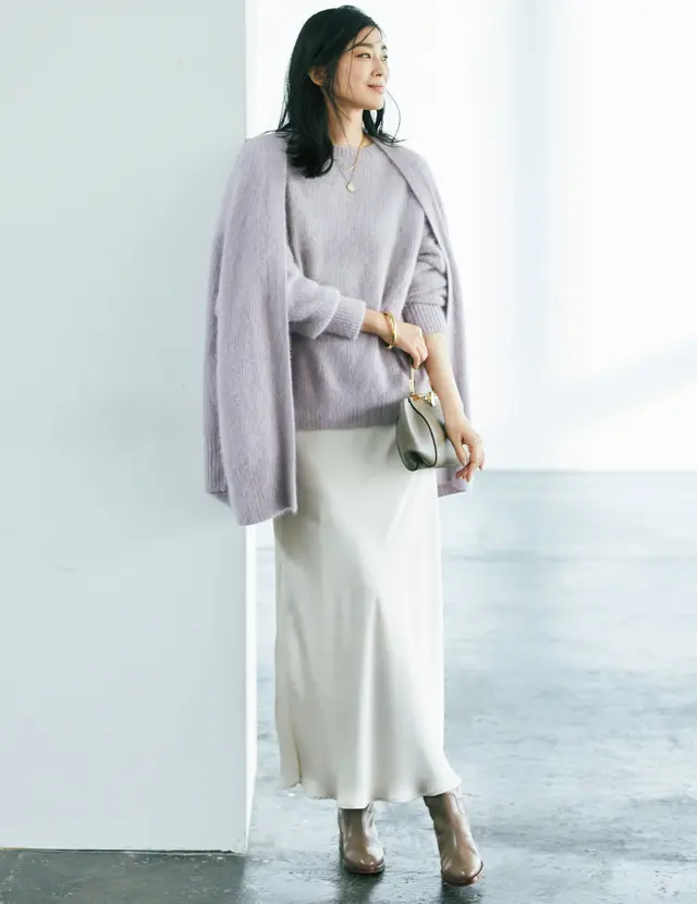 ウィム ガゼットのラベンダーカラーのアンサンブルコーデのゆうき