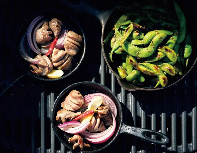 砂肝のスパイシーグリル　焼き枝豆　