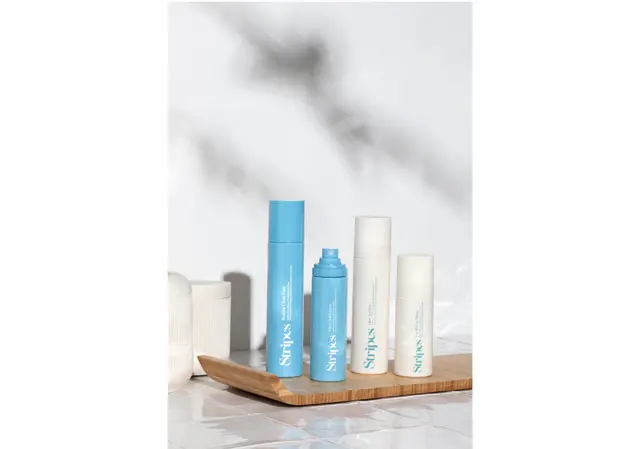 「Stripes（ストライプス）」のアイテム。ホットフラッシュを鎮静するクーリングミスト（$38）や頭皮用セラム（$50）など、アミノ酸美容成分がホルモン低下によるトラブルにアプローチ。