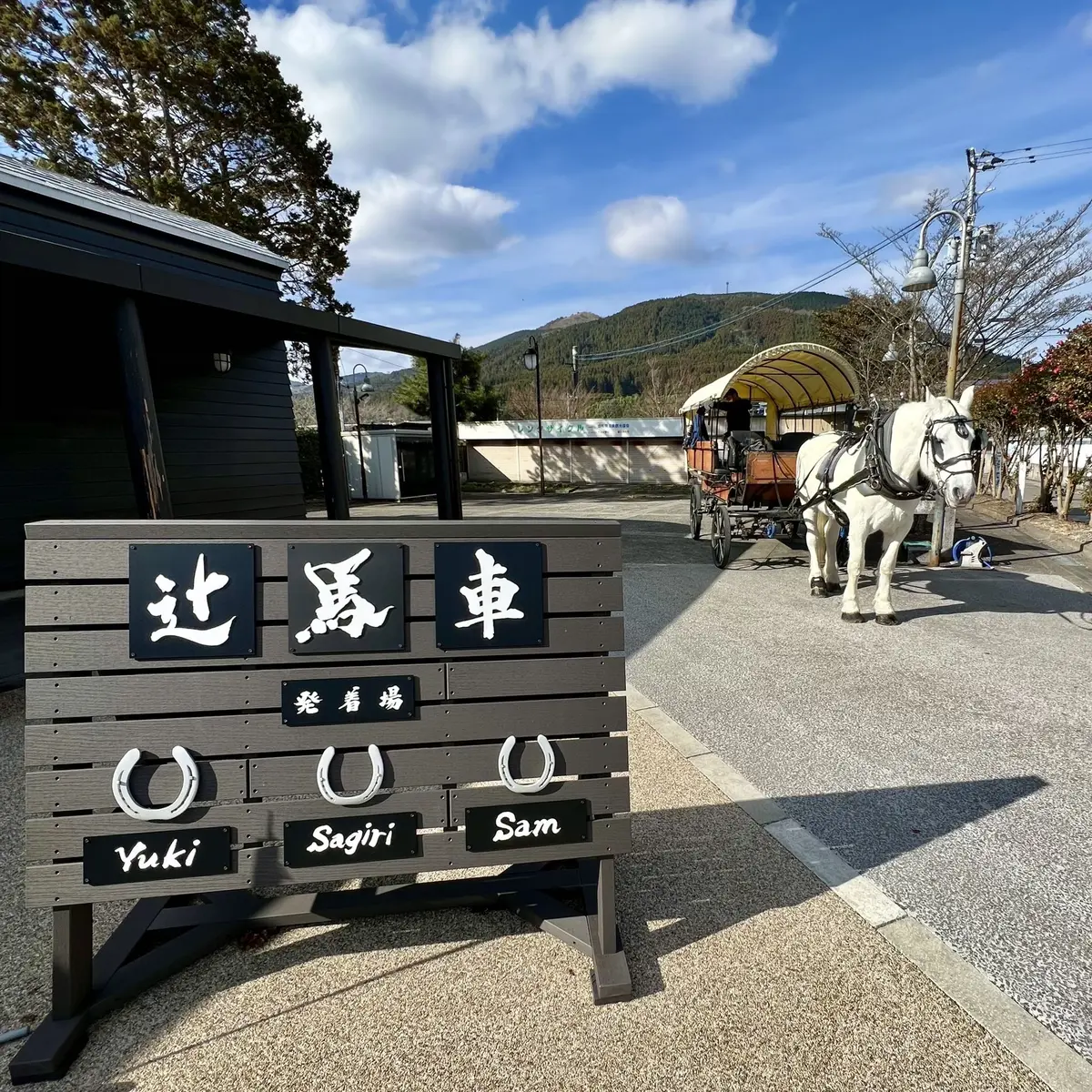 由布院「観光辻馬車」看板と馬車、白馬