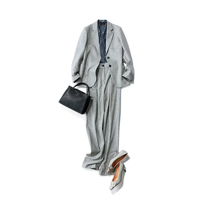 上品なとろみと落ち感が美しいジャケットは、 マニッシュな中にエレガントさがきわだつ装いで