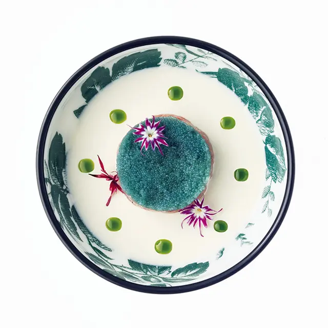 「パンナコッタ 柚子のジュレと白エビ添え」。