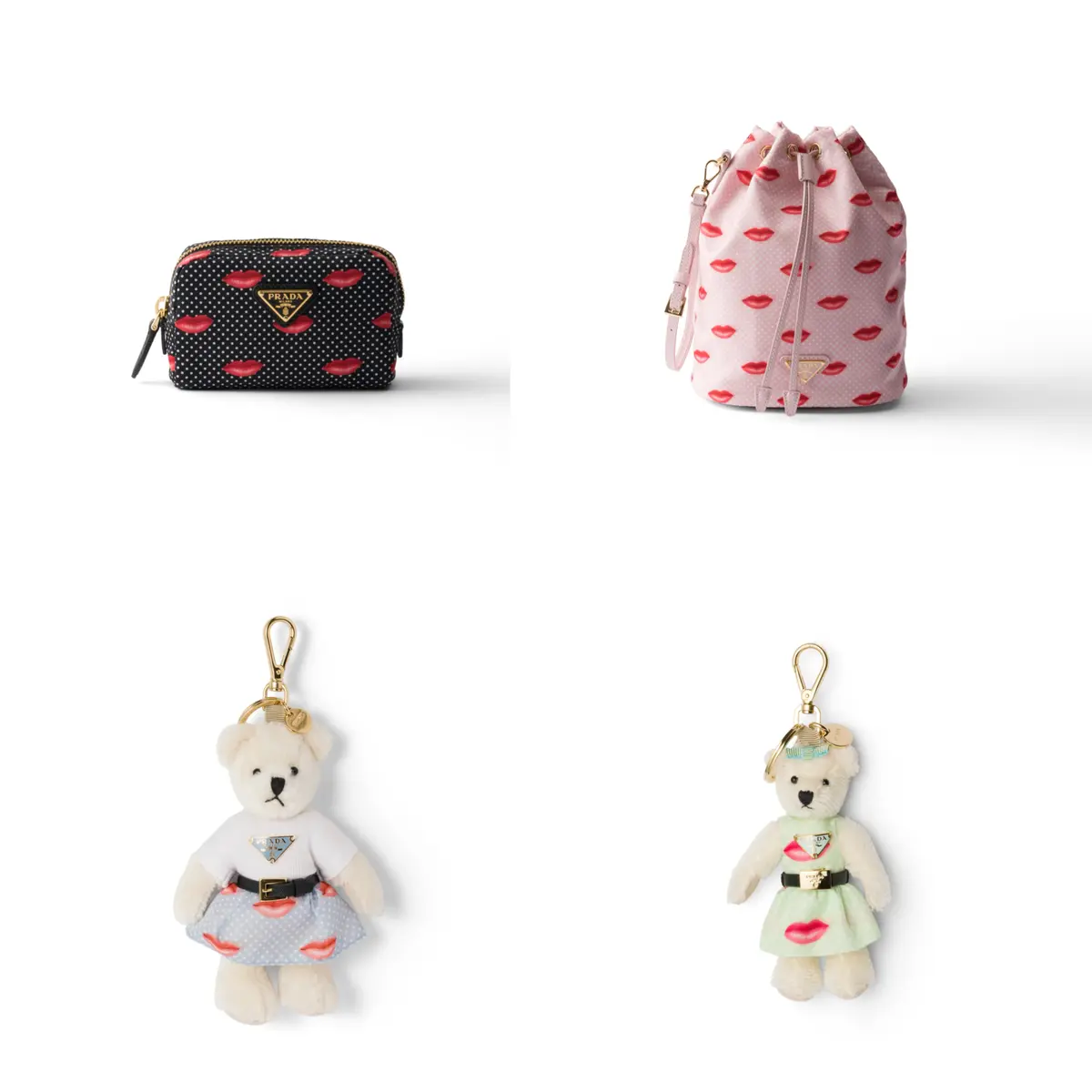 プラダの小物が4つ並んでいる。左上に黒地に赤リップ柄のジップアラウンドポーチ、右上にピンク地に赤リップ柄の巾着ポーチ、左下に水色に赤リップ柄のスカートを履いたシロクマのチャーム、右下にパステルグリーンに赤リップ柄のドレスを着たしろくまのチャーム