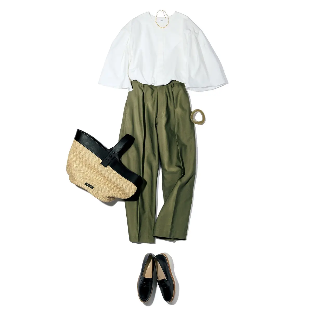 坪田あさみ×LOEFF フレアスリーブブラウス、クロップトパンツ