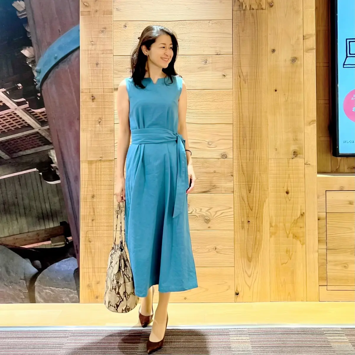 ブルー系ワンピース、ブラウンのパンプス、パイソン柄のバッグ