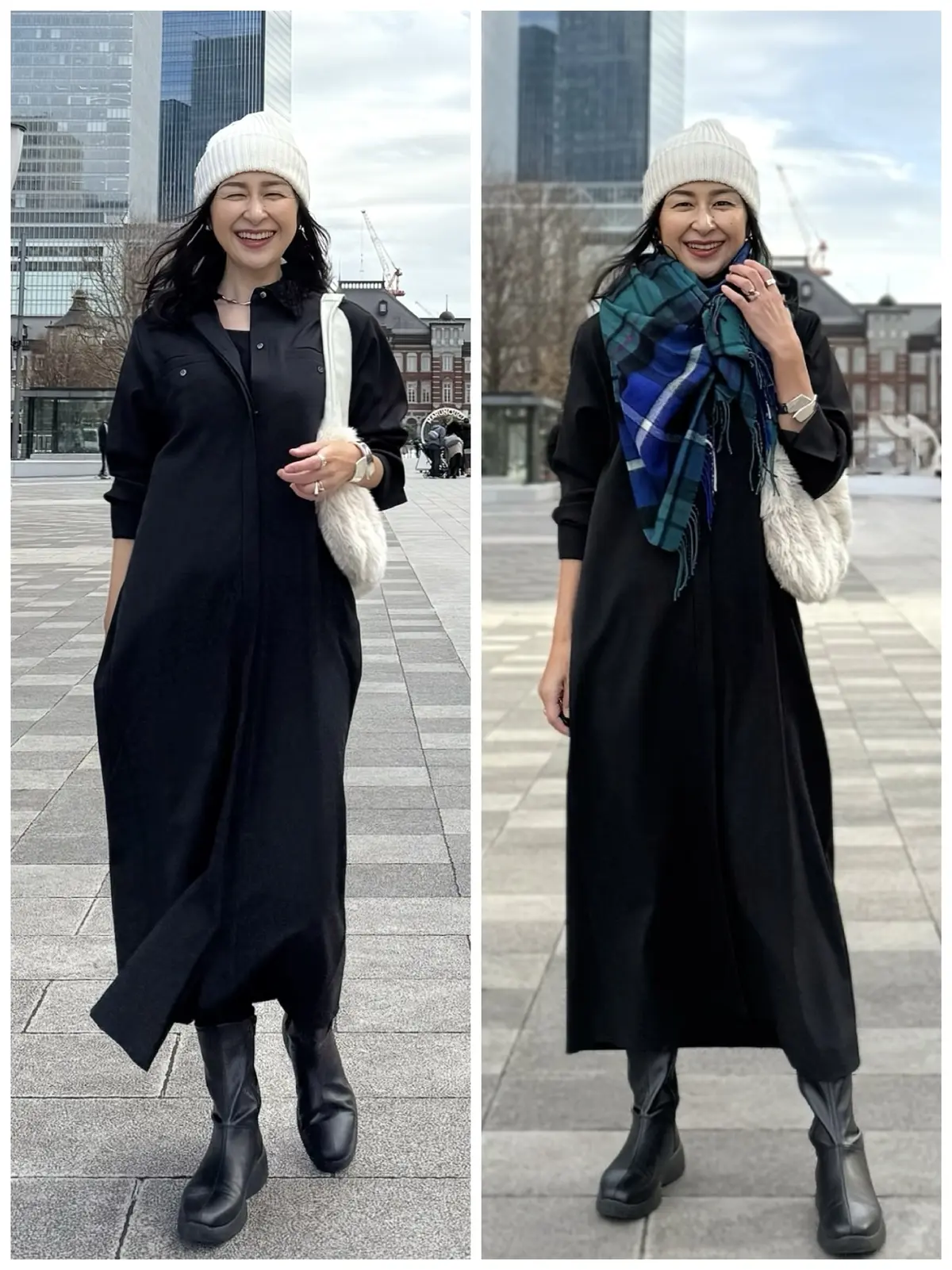 イーバイエクラ　黒ワンピース　着回し　50代ワンピースコーデ　アラフィフワンピースコーデ　白ニット帽子　ファーバッグ　黒ショートブーツ　チェック柄ストール