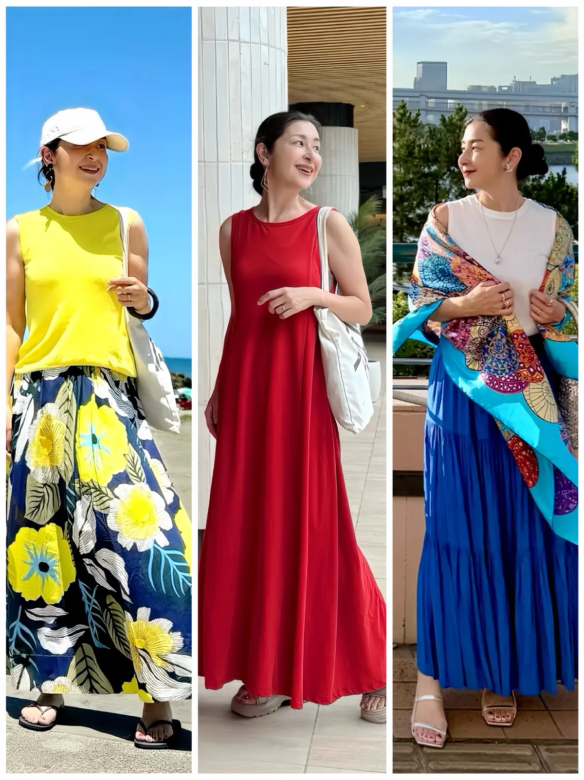 黄色ニット　赤ワンピース　青スカート　白Tシャツ　花柄スカート　サンダル　青系スカーフ　ベージュのキャップ