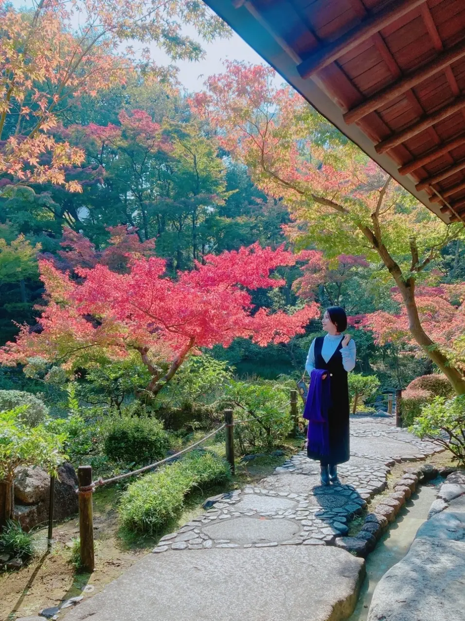 南青山の根津美術館、日本庭園、40代ファッション、ザラのジャンパースカート、トゥモローランドのカシミヤストール、紅葉