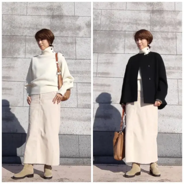 白ニット×コーディロイスカート×紺コート