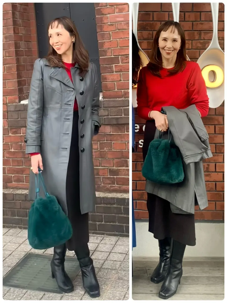 赤×グレー×黒コーデ