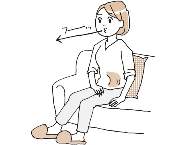 口をすぼめて、下腹部の筋肉を意識してへこませながら、ゆっくり息を吐く