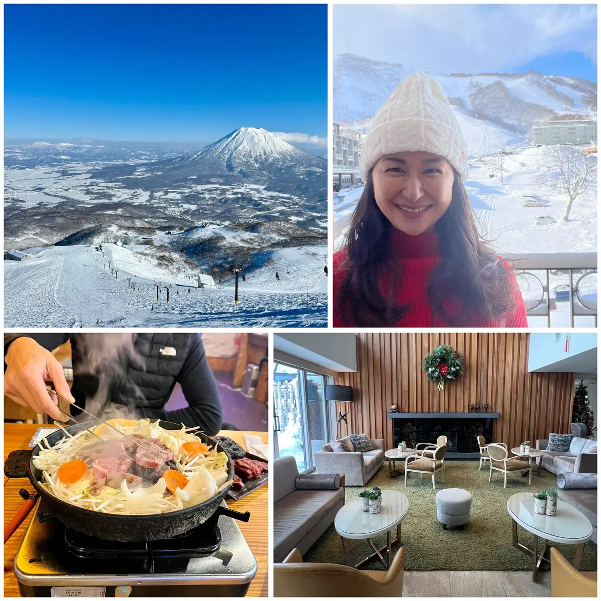 ニセコのヒラフでの写真４枚　ジンギスカン、羊蹄山　ホテルラウンジ