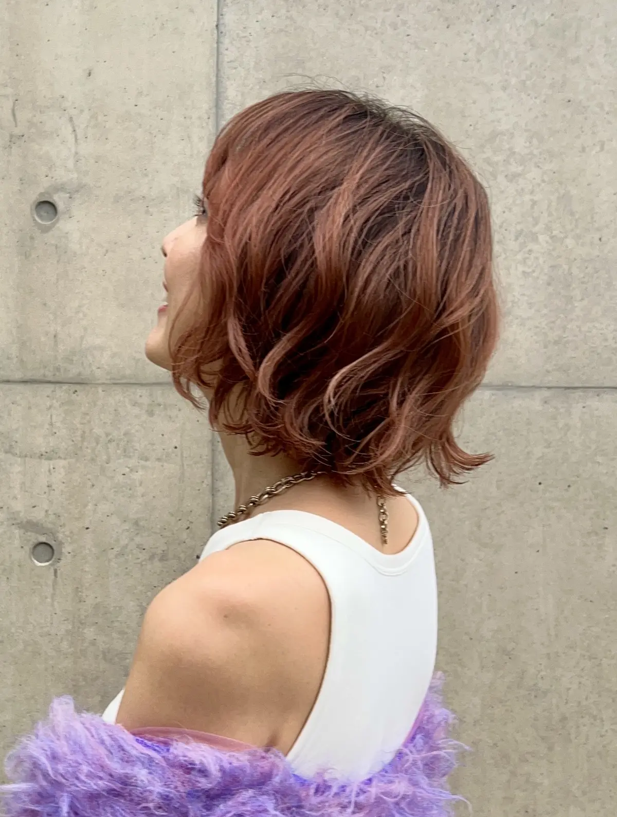 秋カラー💜ピンクのボブヘアにユニクロタンの画像_1