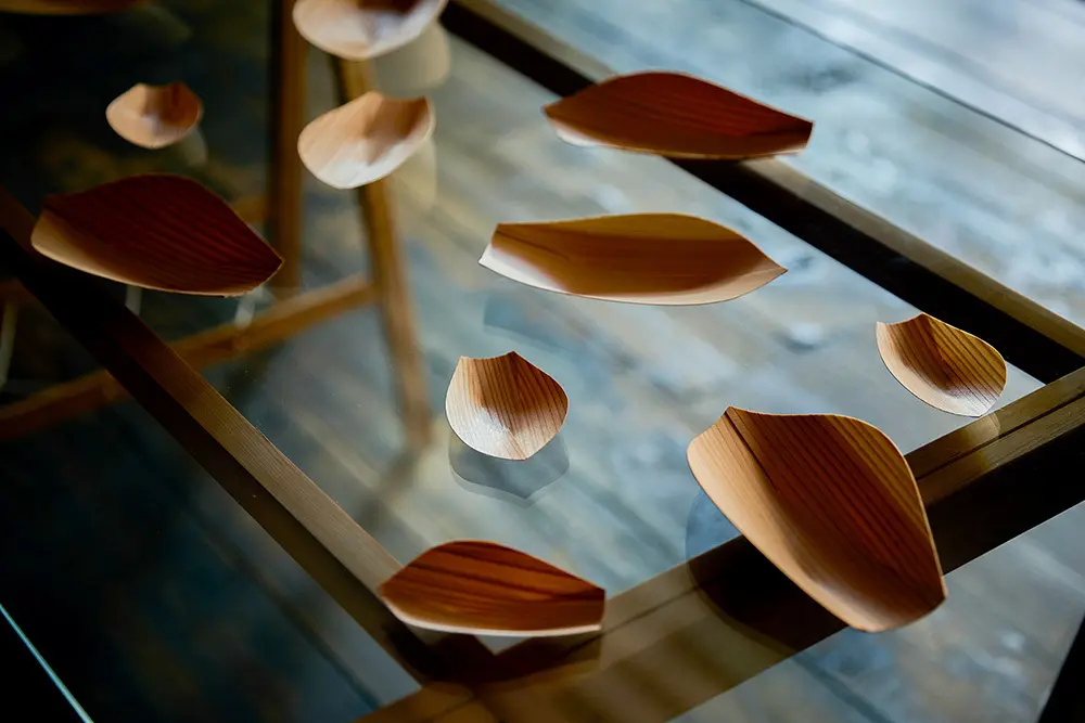 川合優《経木の蓮弁皿》 2024年　杉 