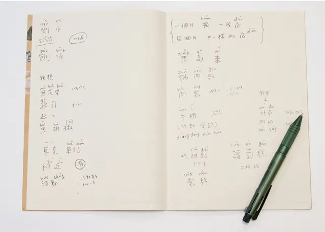 娘が使わなくなったノートを再利用。このページは、先生に「先週何をしましたか？」と質問されたときに答えた「かき氷」などの中国語の単語を、忘れないよう書きとめたもの