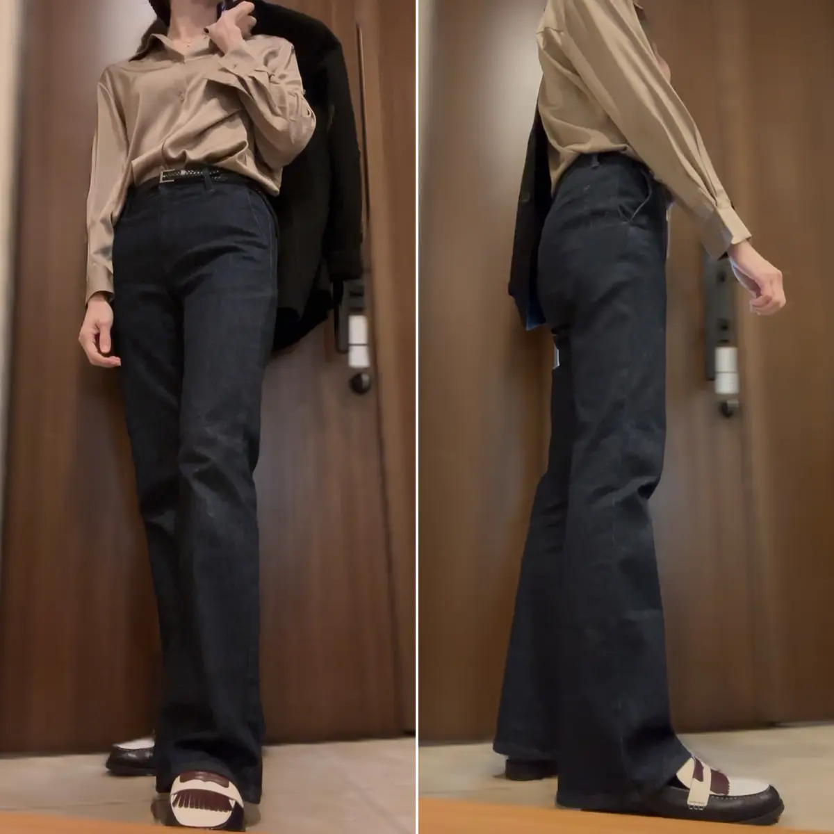 UNIQLO ユニクロ ジーンズ スリムフレアトラウザージーンズ コールハーン アラフィフコーデ 秋コーデ 