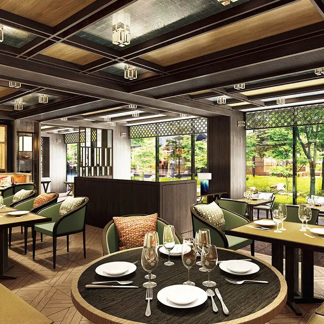 日本庭園の眺めとともに食事を楽しめる、オールデイダイニング「FORNI」