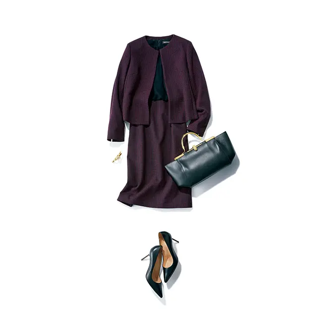 仕事には、きちんと見えして華やかなツイードセットアップで