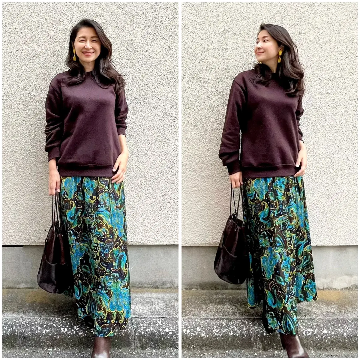 ブラウンのスウェットシャツ、ペイズリー柄ロングスカート、ブラウンのバッグ、ブラウンのブーツ