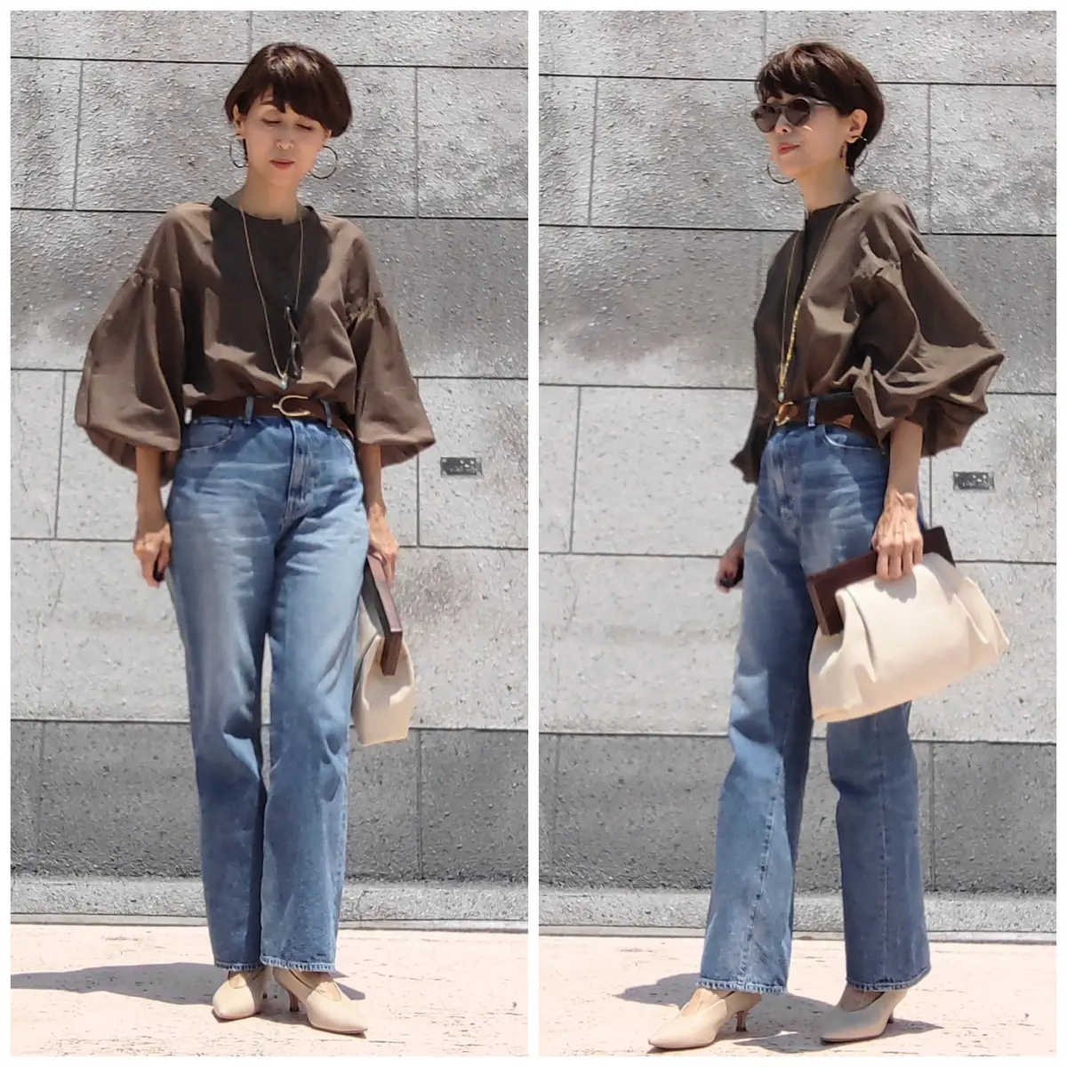 デニムパンツ　麻シャツ　ゴールドピアス　ベルト　バックスキン