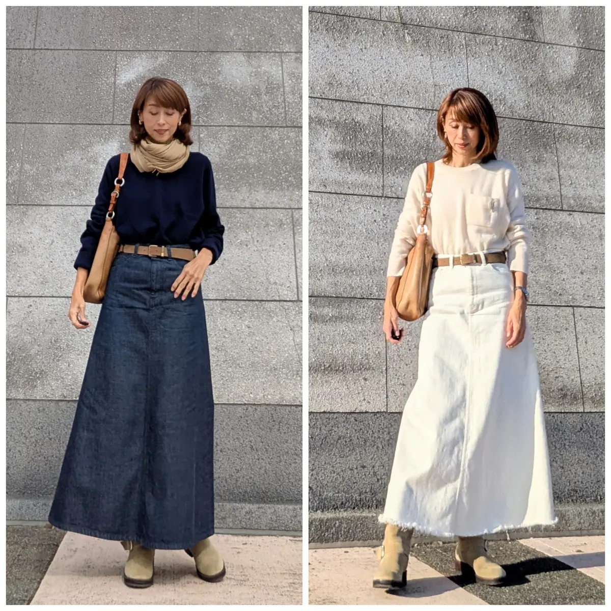 ワントーンコーデ　アイボリー　ベージュ　デニム