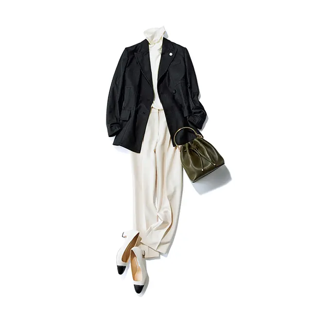 ウエストの切り替えが美シルエットを生む。 インナーを白で統一すればこなれ感もアップ