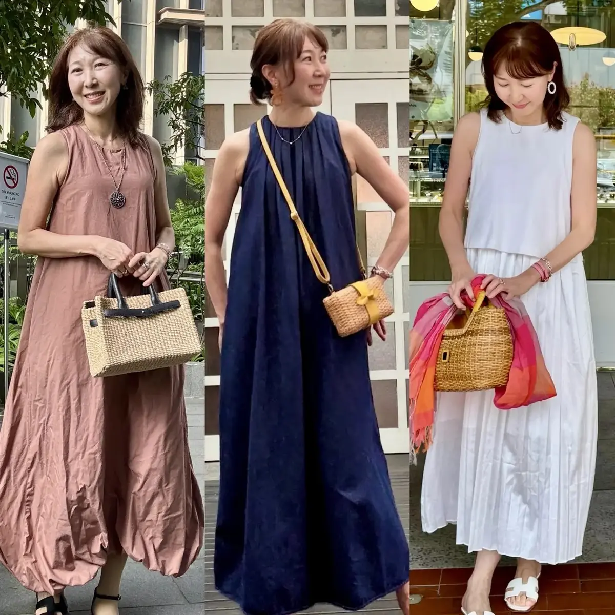 カゴバッグでワンピースに ぷちリゾート感を演出