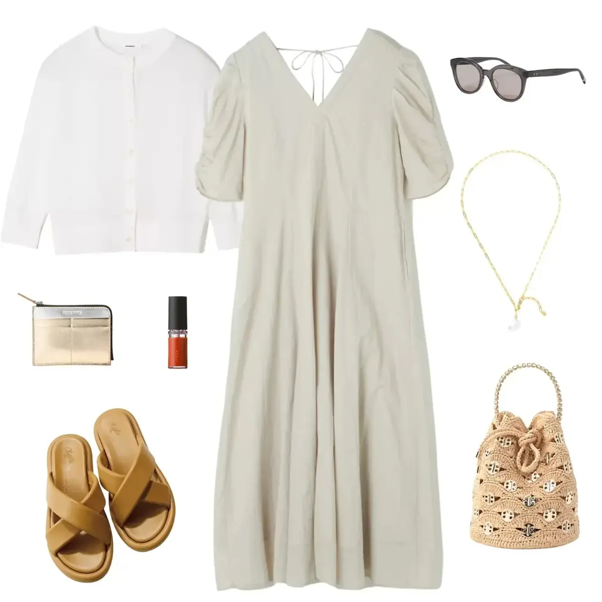 ボリュームスリーブが美しい涼感ワンピースをベージュトーンでエレガントに