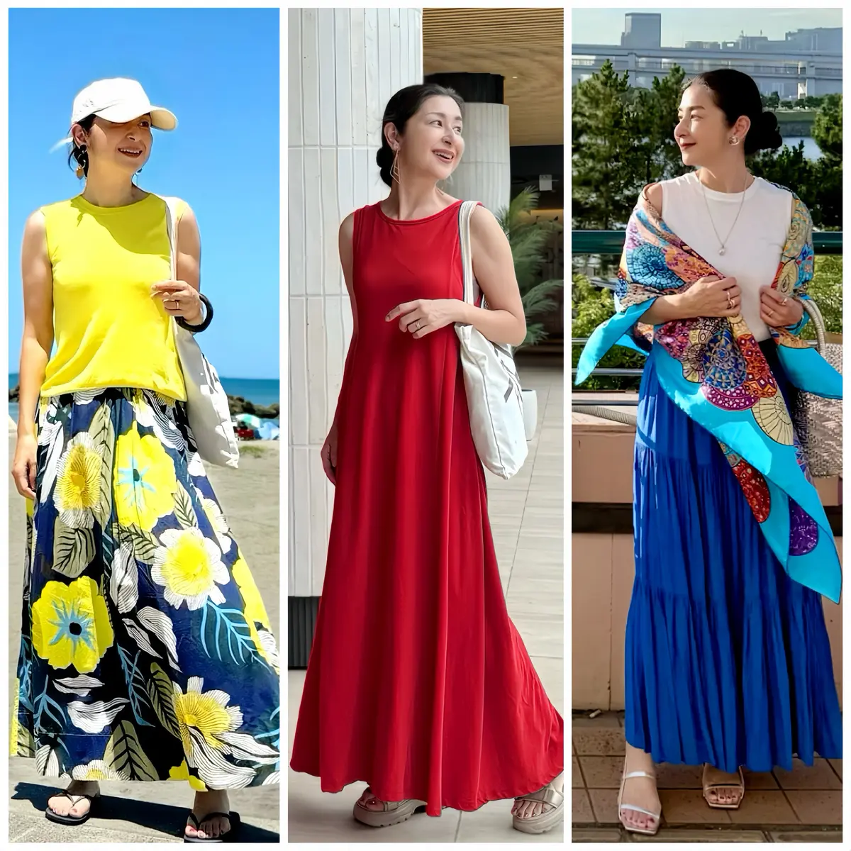 黄色のニット　花柄スカート　赤のロングワンピース　青のスカート　白のTシャツ　青のスカーフ