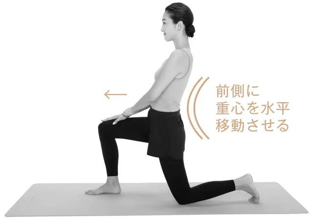 左膝は床につけ、両手を右太ももに置いてバランスをとり、水平移動するようにおしりを前に出し15秒キープ