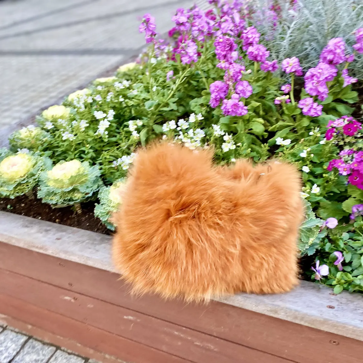 毛足が長くてフワフワ感あるオレンジのファーバッグ