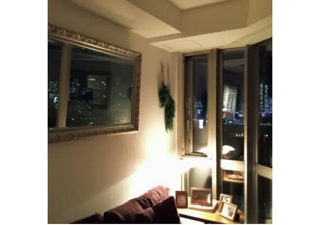 「リビングに特注の大きな鏡。外の風景が写って絵画のよう！」