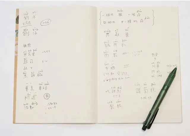娘が使わなくなったノートを再利用。このページは、先生に「先週何をしましたか？」と質問されたときに答えた「かき氷」などの中国語の単語を、忘れないよう書きとめたもの