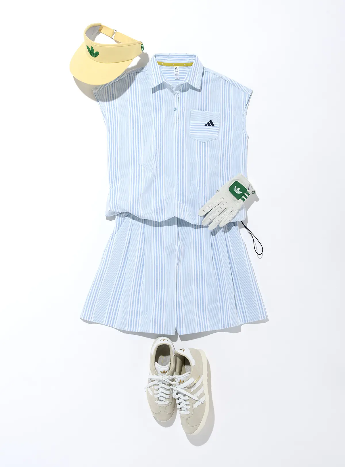 シャツ¥9,900・ショーツ¥12,100・靴¥16,500・サンバイザー¥5,500・グローブ¥4,400／すべてアディダス ゴルフお客様窓口（アディダスゴルフ）