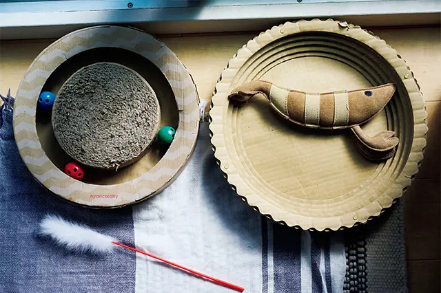 円形の段ボール製の爪研ぎは時に寝 床にもなる