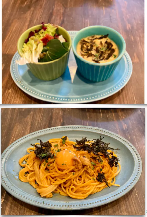 eclatエクラ Jマダム marigat ランチ。ウニスープ、ウニドレッシングのサラダ、ノーマルウニパスタ。　ウニ食べ比べに挑戦したい
