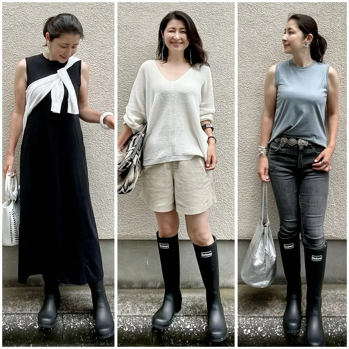 雨の日コーデ３つ、黒のワンピース、ベージュのショートパンツ、黒のデニム、黒のレインブーツ