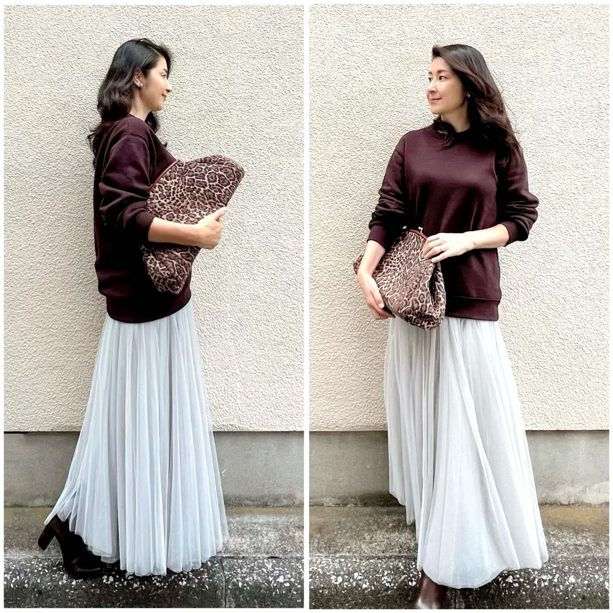 ブラウンのスウェットシャツ、グレーのロングスカート、ブランのブーツ、レオパード柄のクラッチバッグ