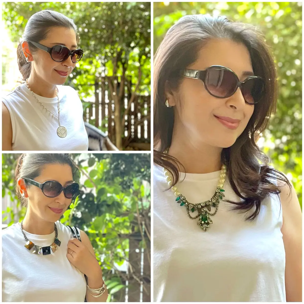 ユニクロ白のノースリーブTシャツにショートネックレスを合わせたスタイルの写真３パターン